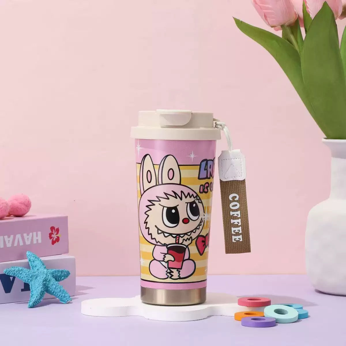 Labubu Travel Mug – 500 ml Insulated Stainless Steel Coffee Tumbler with Wrist Strap
